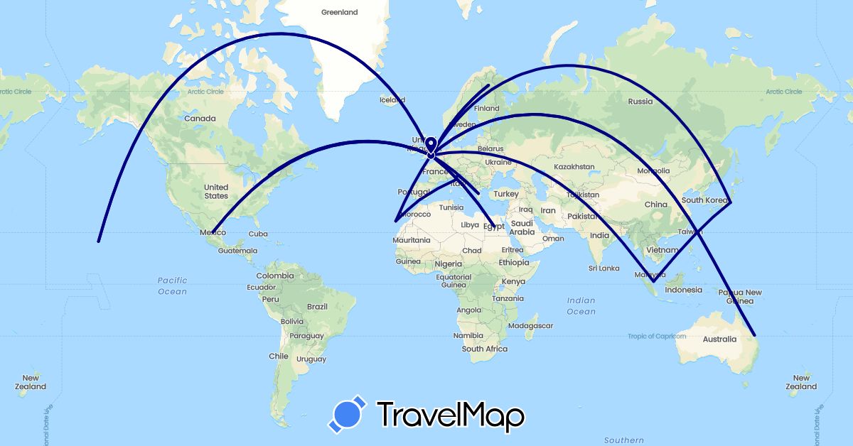 TravelMap itinerary: driving in Australia, Canada, Egypt, Spain, Finland, United Kingdom, Greece, Italy, Japan, Mexico, Singapore, United States (Africa, Asia, Europe, North America, Oceania)